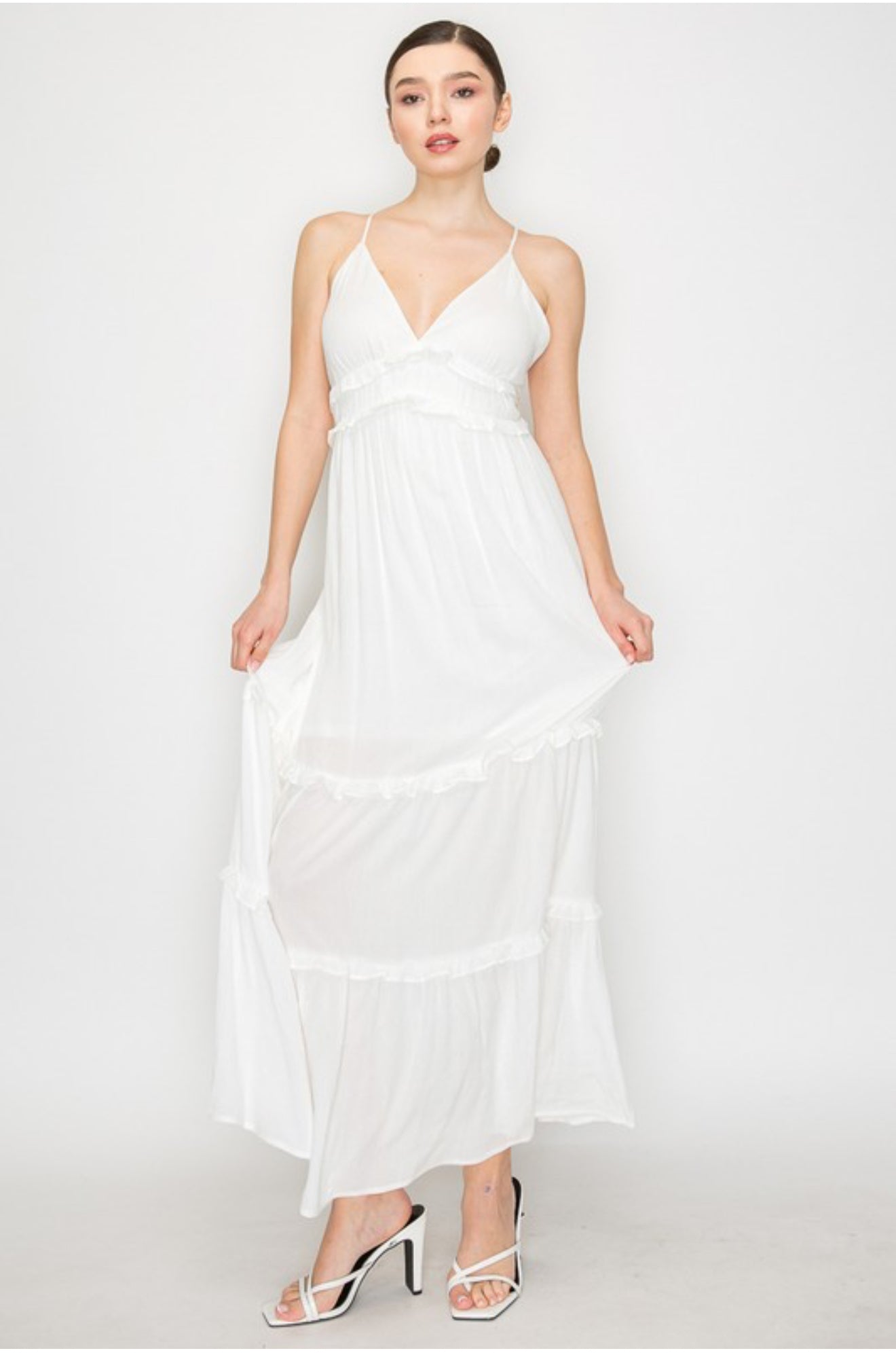 Crossed-Back Ruffle Trim Tiered Dress